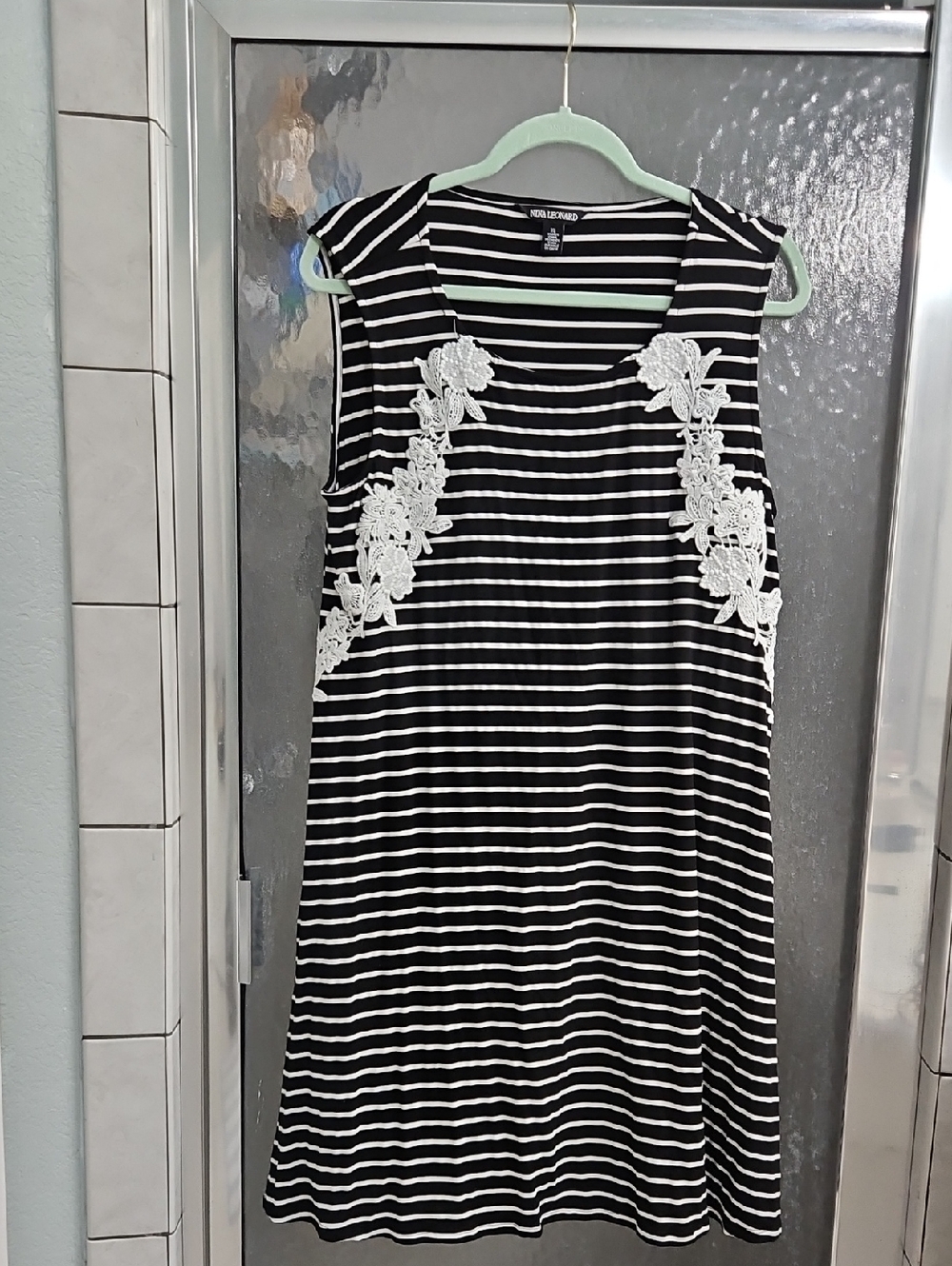 Nina Leonard Black & White Striped Dress with Accent